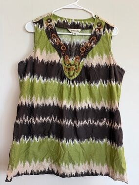 Bohemian Olive Green & Brown Striped Beaded Tank | Large